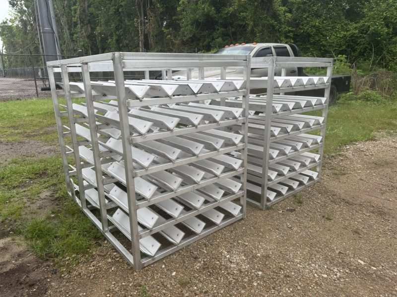 Aluminum cabinet with angled shelves in the yard
